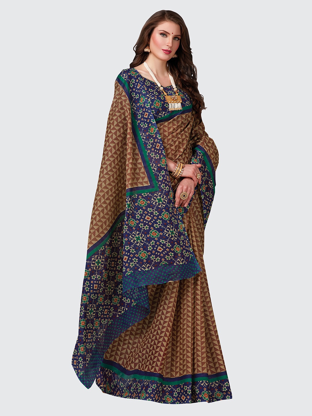 

SHANVIKA Beige & Blue Geometric Printed Pure Cotton Block Print Saree