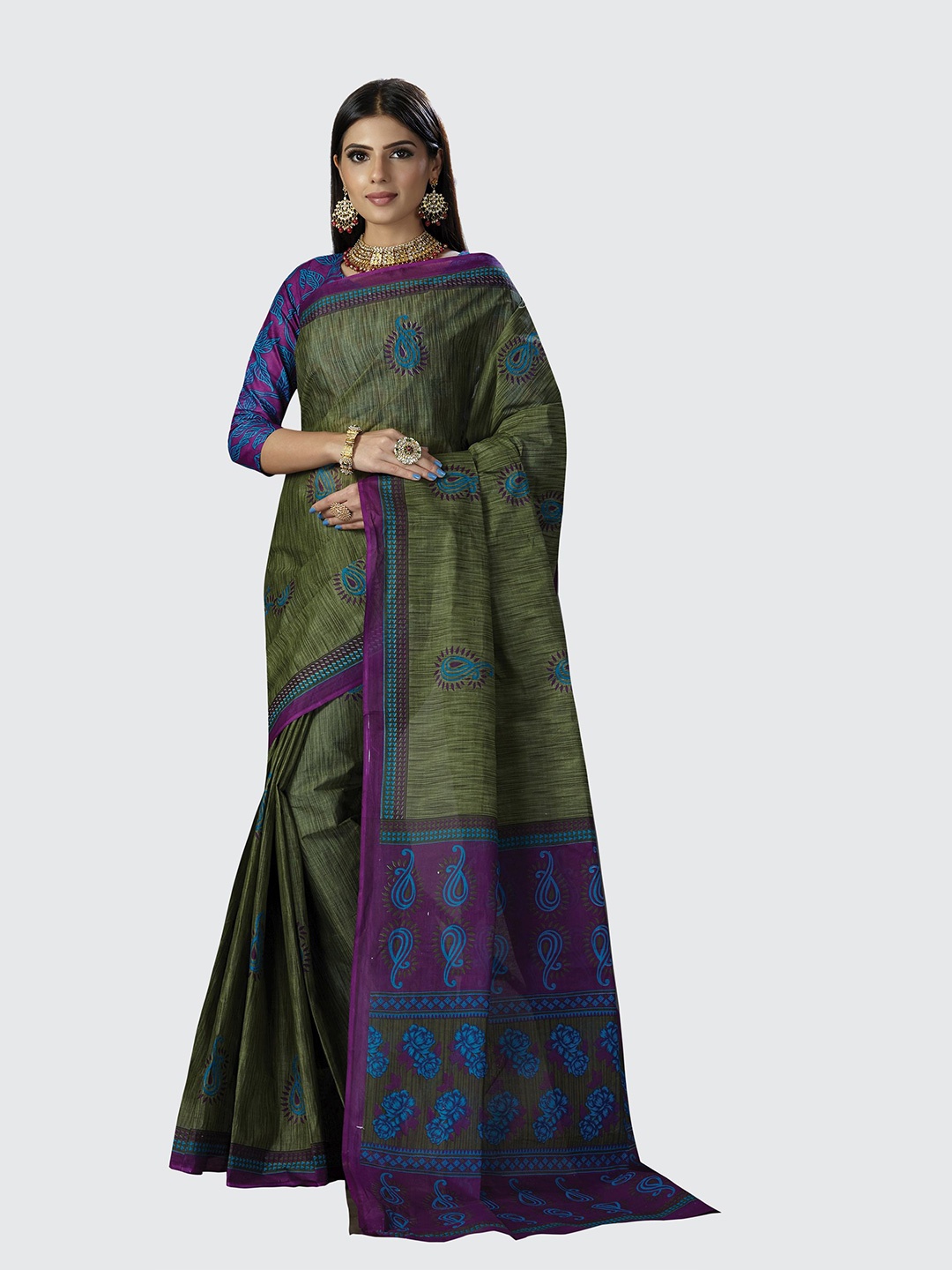 

SHANVIKA Green & Purple Paisley Pure Cotton Block Print Saree