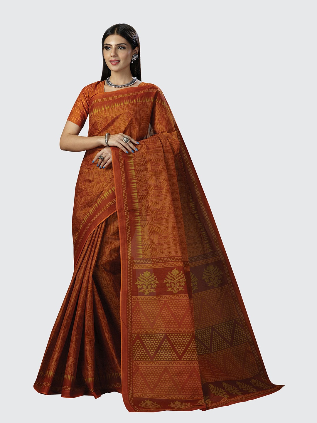 

SHANVIKA Rust & Yellow Pure Cotton Block Print Saree