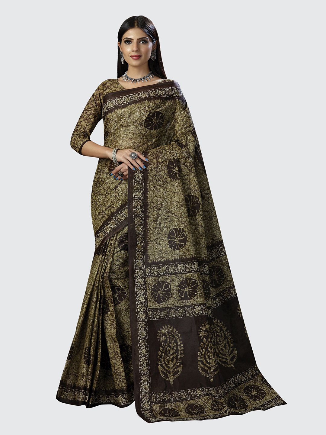 

SHANVIKA Beige & Brown Pure Cotton Block Print Saree