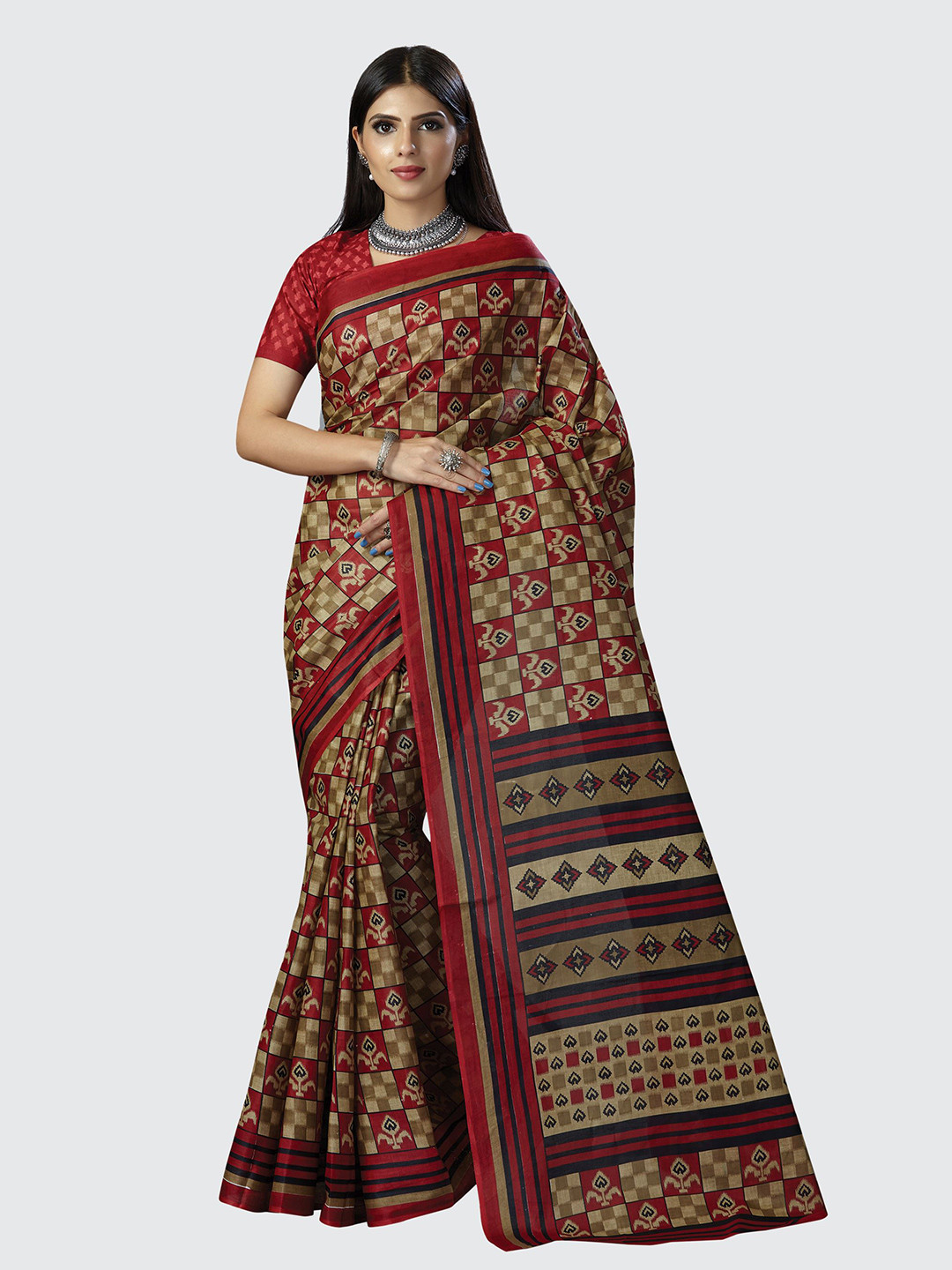 

SHANVIKA Beige & Red Ethnic Motifs Pure Cotton Block Print Saree