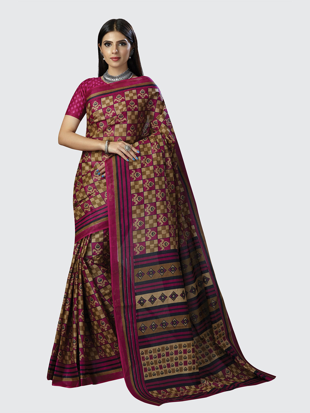 

SHANVIKA Beige & Pink Ethnic Motifs Pure Cotton Block Print Saree