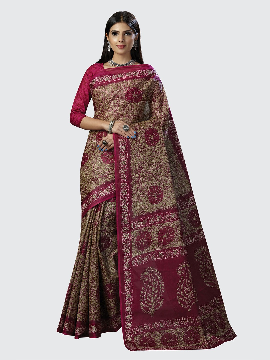 

SHANVIKA Beige Pure Cotton Block Print Saree