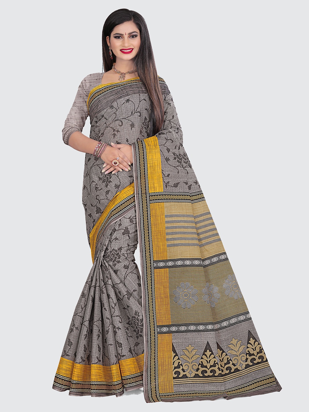 

SHANVIKA Grey & Yellow Floral Pure Cotton Saree With Blouse Piece