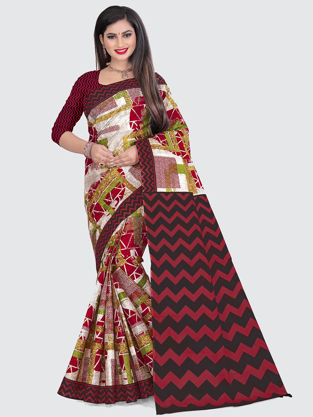 

SHANVIKA Red & Black Abstract Print Pure Cotton Saree