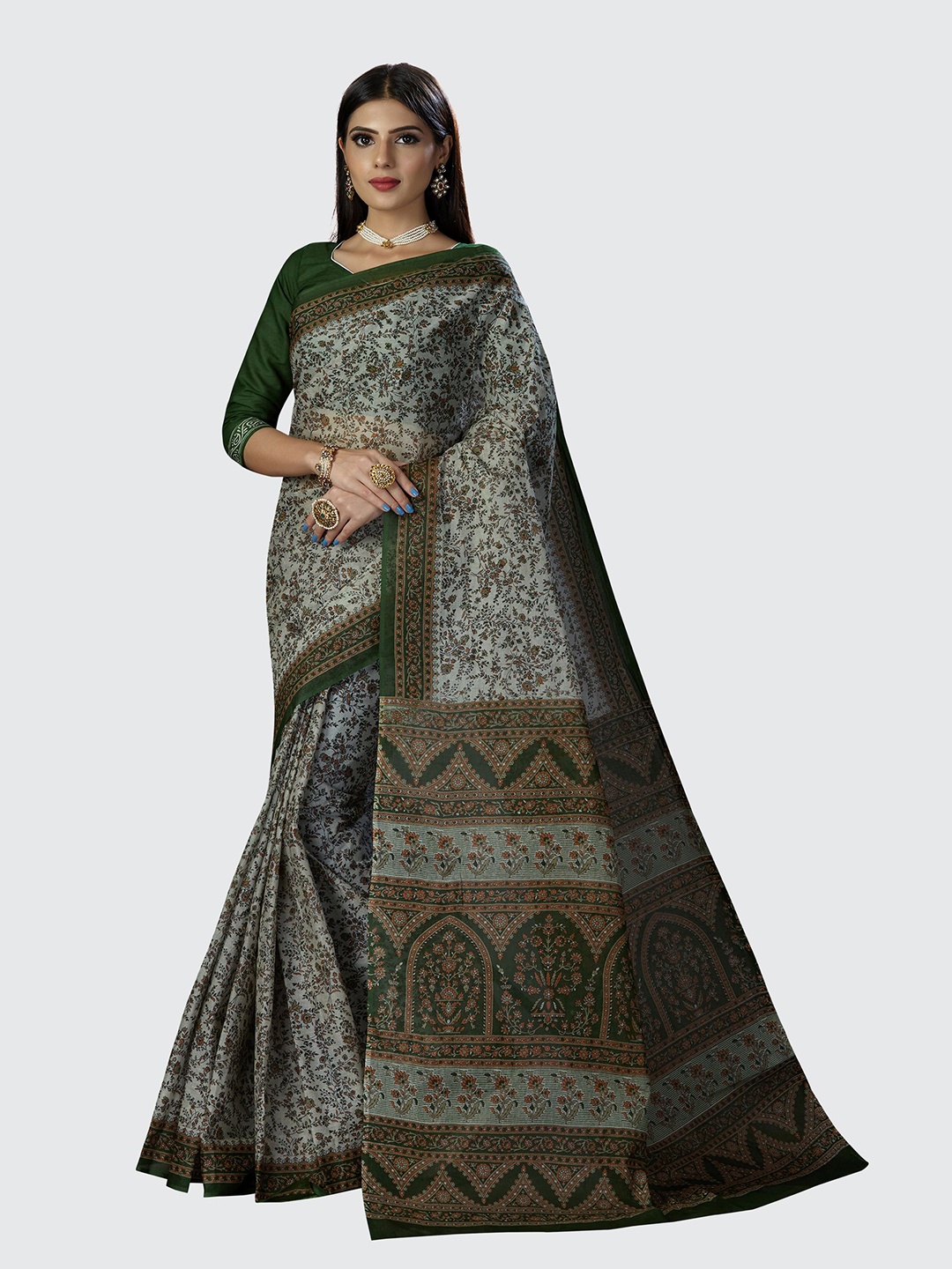 

SHANVIKA Grey & Green Floral Print Ethnic Motifs Pure Cotton Saree