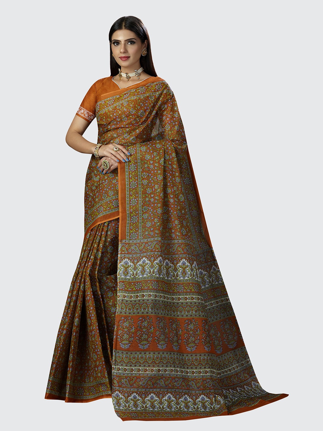 

SHANVIKA Orange & Green Floral Pure Cotton Saree