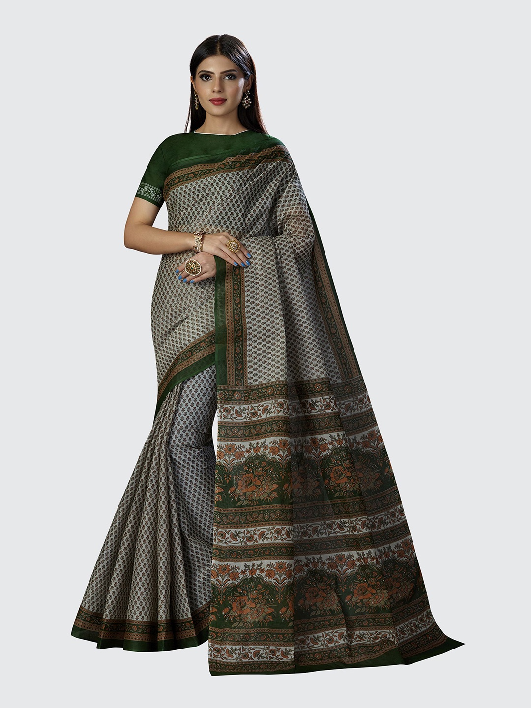 

SHANVIKA Beige & Green Ethnic Motifs Printed Pure Cotton Saree With Blouse Piece