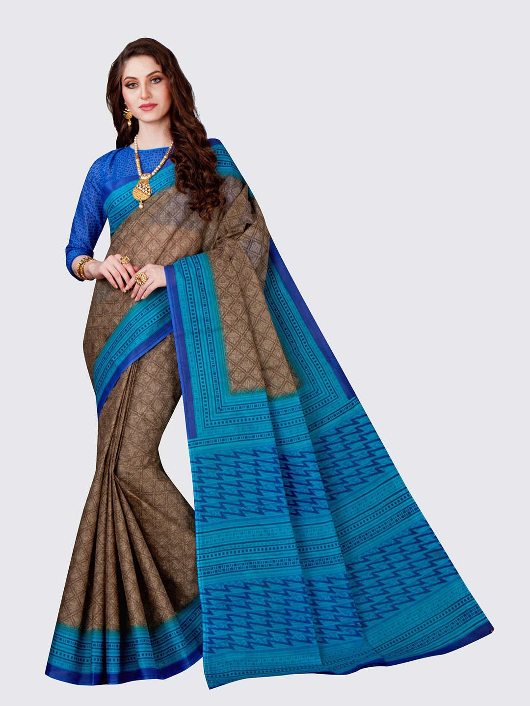 

SHANVIKA Beige & Blue Geometric Print Pure Cotton Saree With Blouse Piece