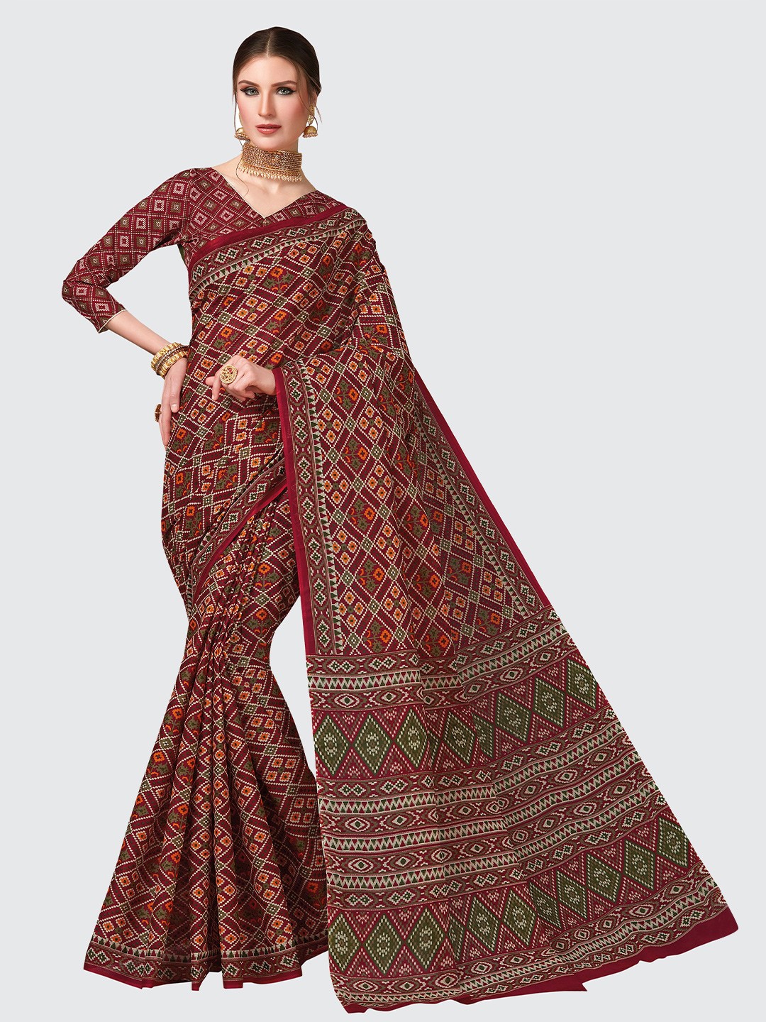 

SHANVIKA Red & Green Ethnic Motifs Pure Cotton Saree With Blouse Piece
