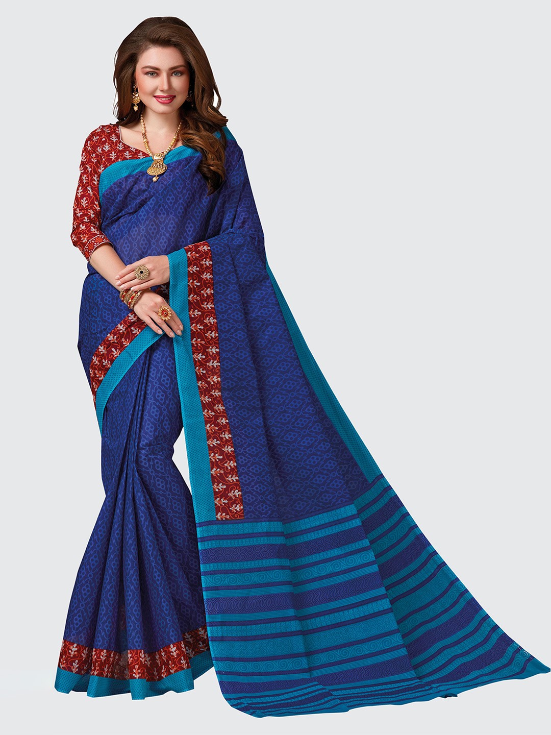 

SHANVIKA Blue & Red Ethnic Motifs Pure Cotton Saree With Blouse Piece