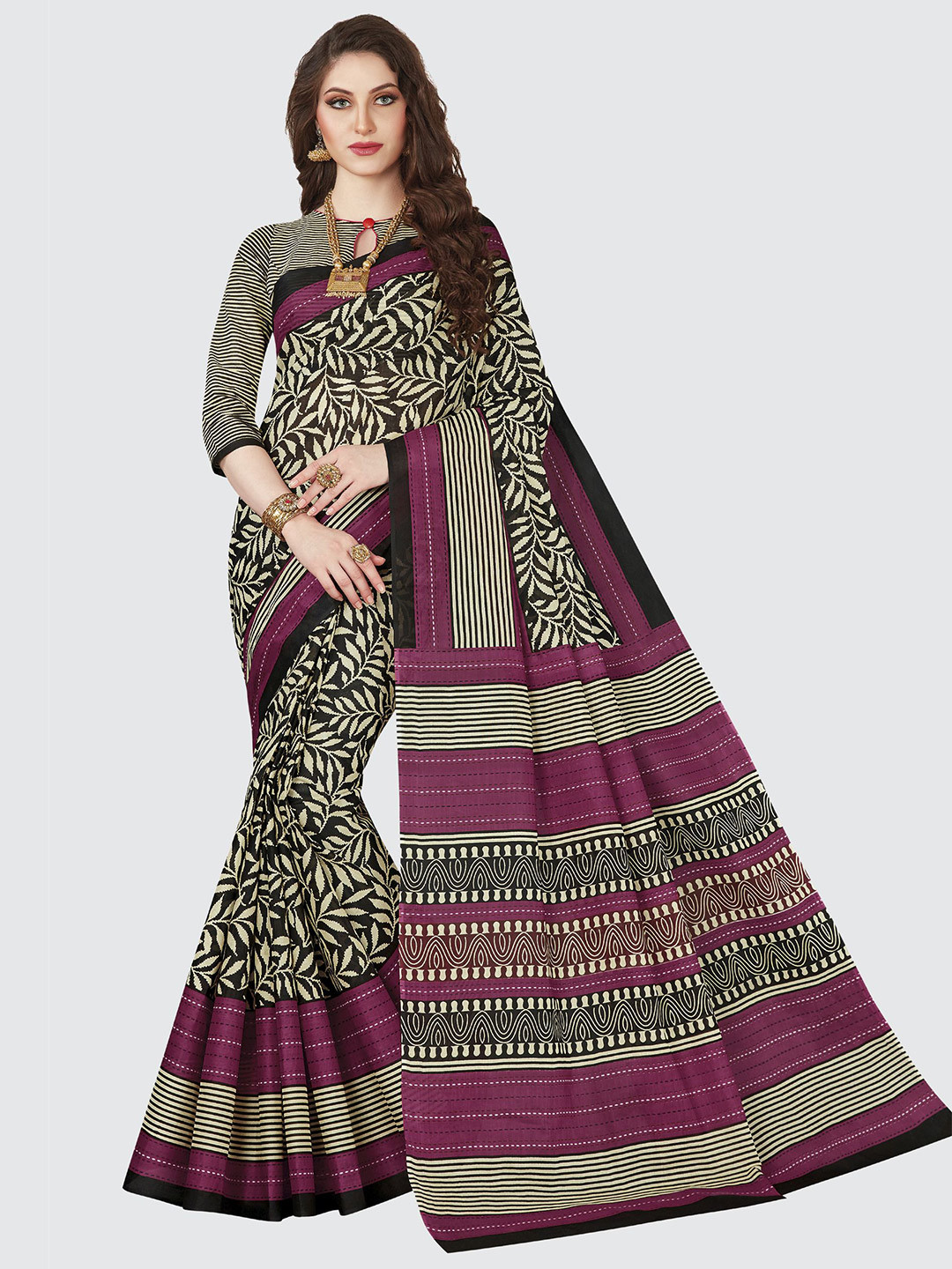 

SHANVIKA Beige & Black Floral Printed Pure Cotton Saree With Blouse Piece