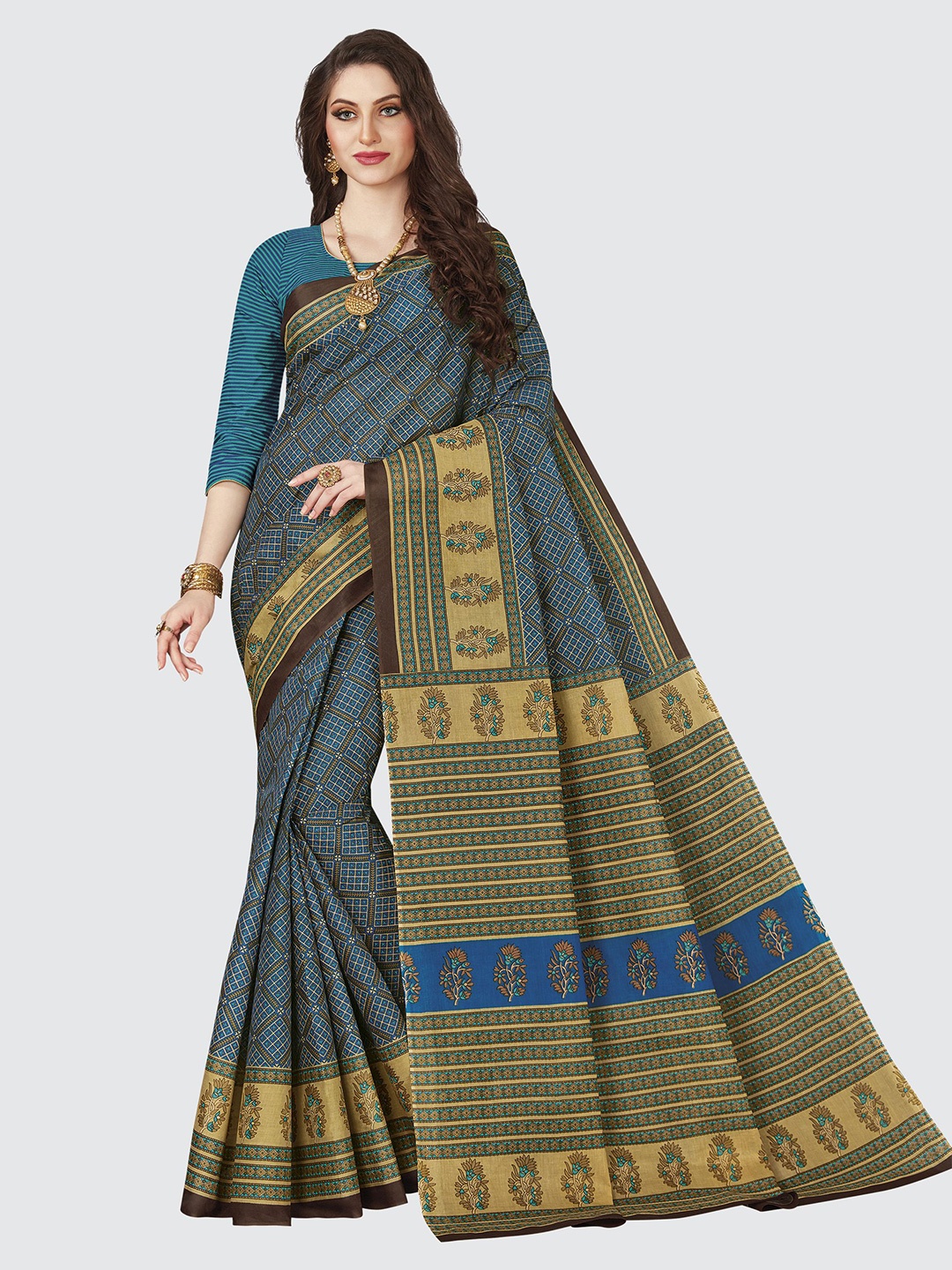 

SHANVIKA Blue & Yellow Checked Pure Cotton Block Print Saree