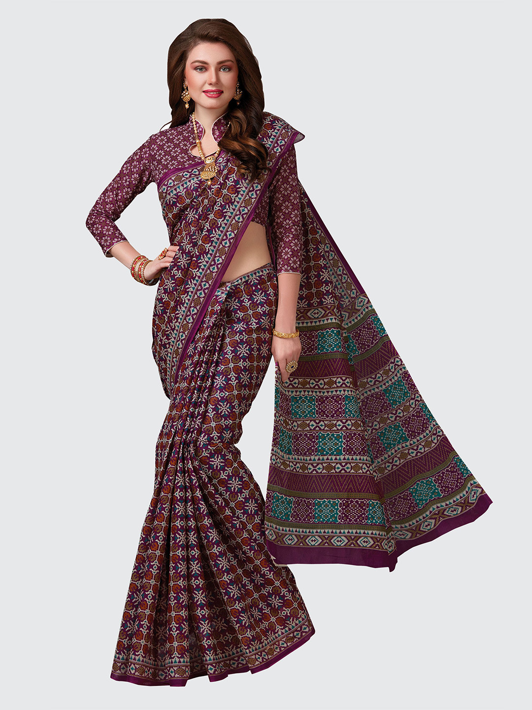 

SHANVIKA Purple & Green Pure Cotton Block Print Saree