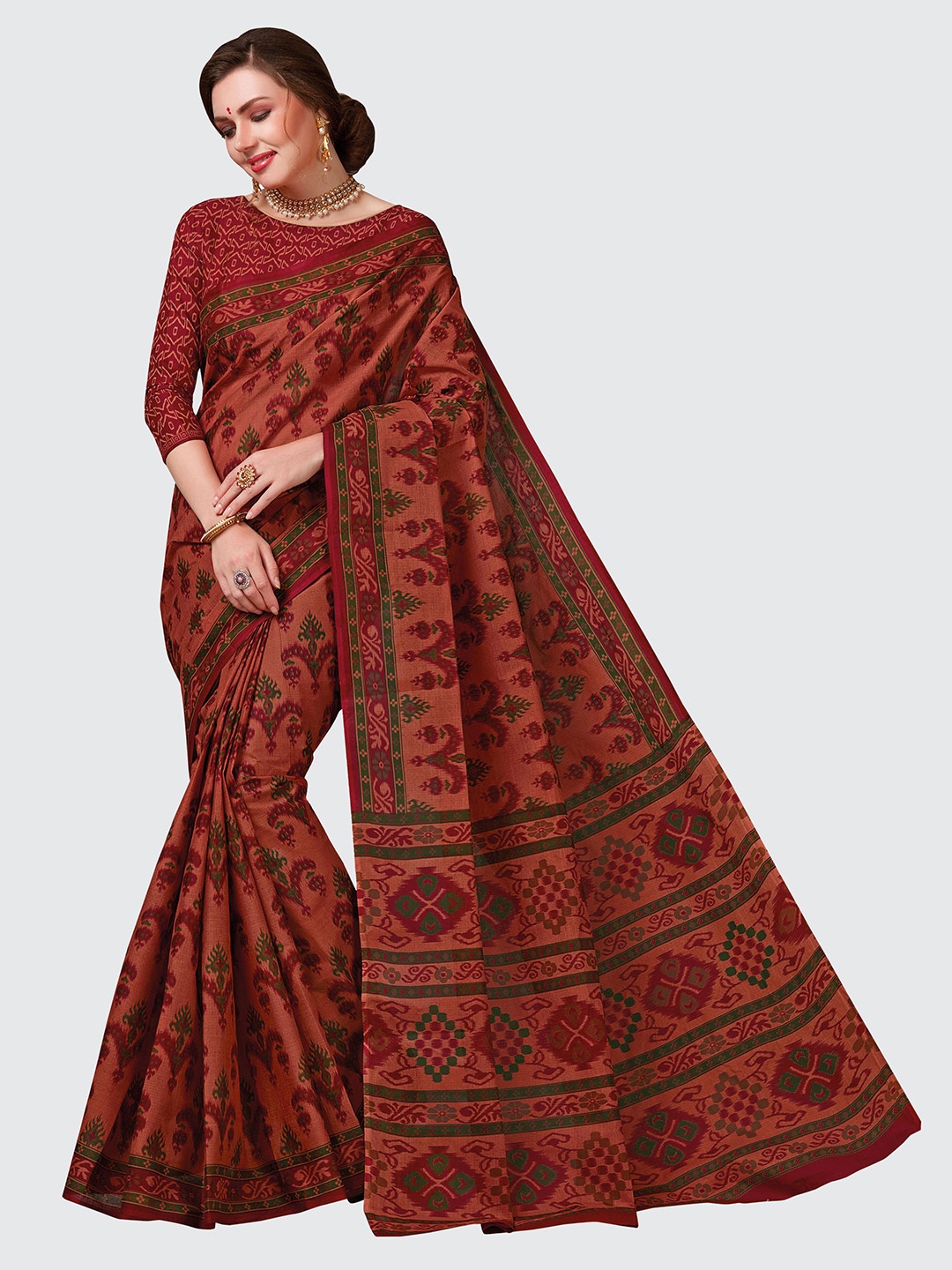 

SHANVIKA Peach-Coloured & Green Ethnic Motifs Pure Cotton Block Print Saree