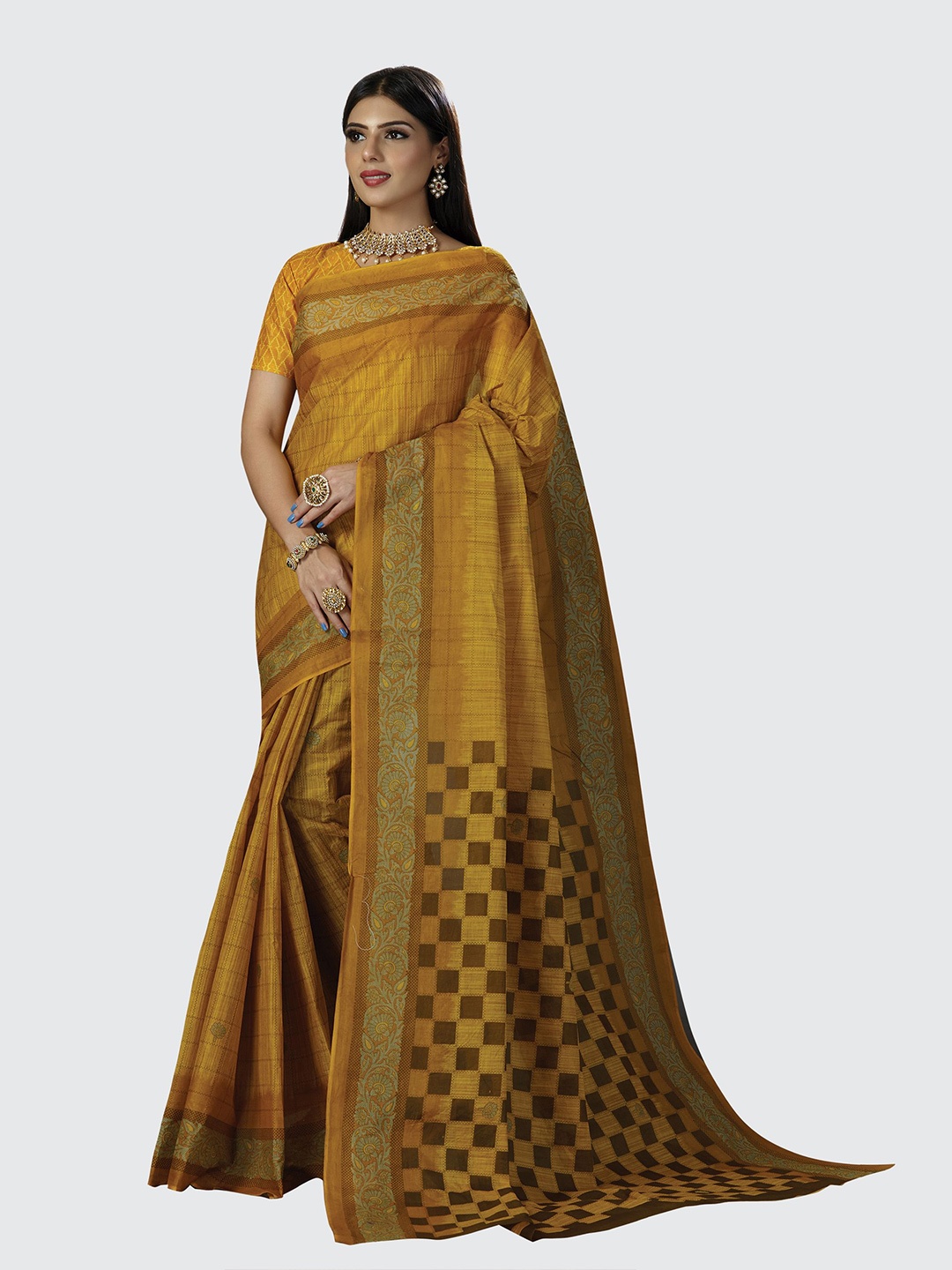 

SHANVIKA Women Pure Cotton Checkered Saree With Blouse Piece, Mustard