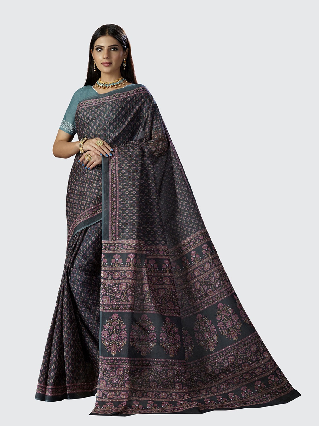 

SHANVIKA Grey Floral Pure Cotton Block Print Saree