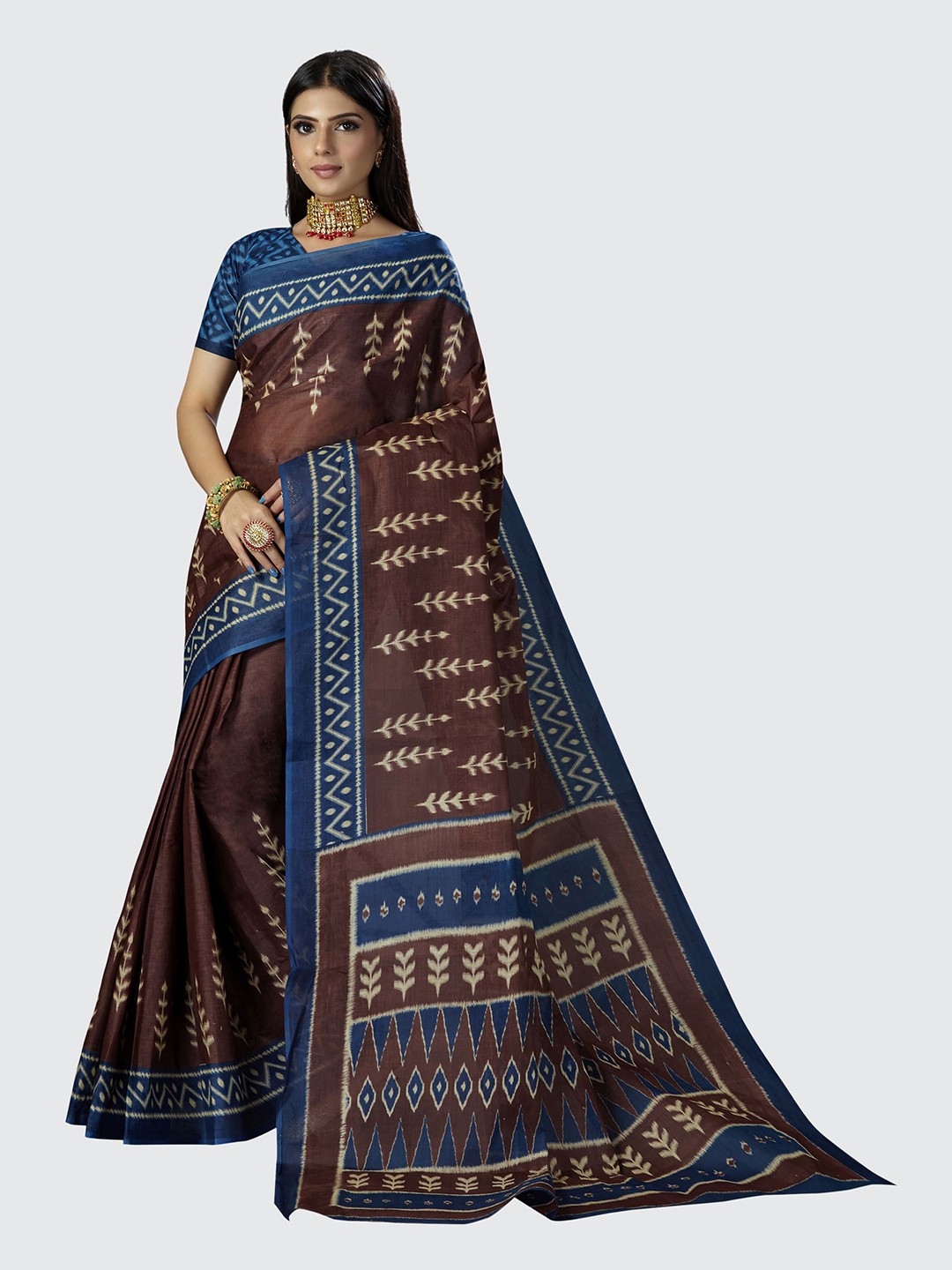 

SHANVIKA Women Pure Cotton Traditional Prints Saree With Blouse Piece, Brown