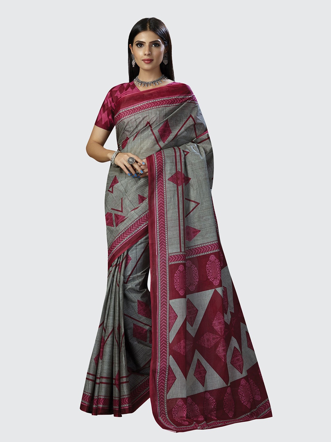 

SHANVIKA Women Pure Cotton Abstract Saree With Blouse Piece, Grey