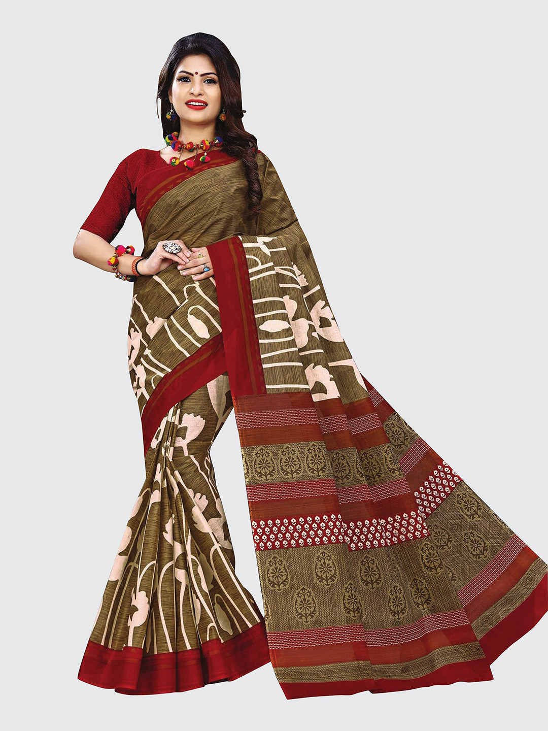 

SHANVIKA Women Pure Cotton Abstract Saree With Blouse Piece, Brown