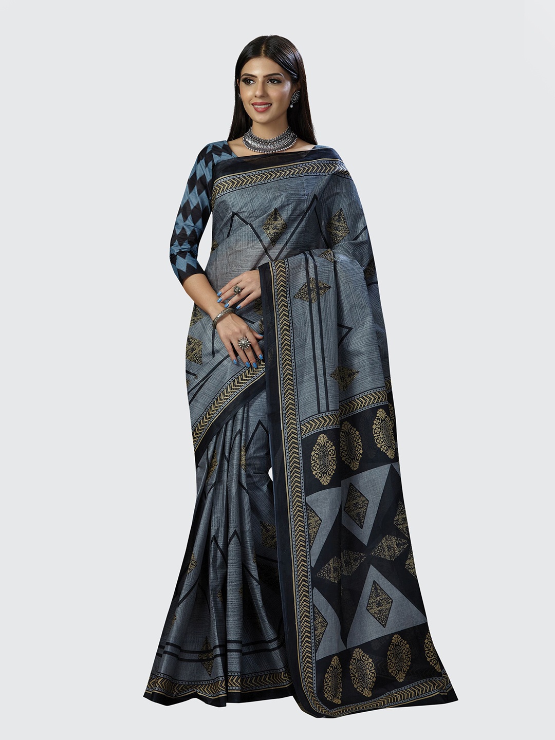 

SHANVIKA Women Pure Cotton Abstract Saree With Blouse Piece, Grey
