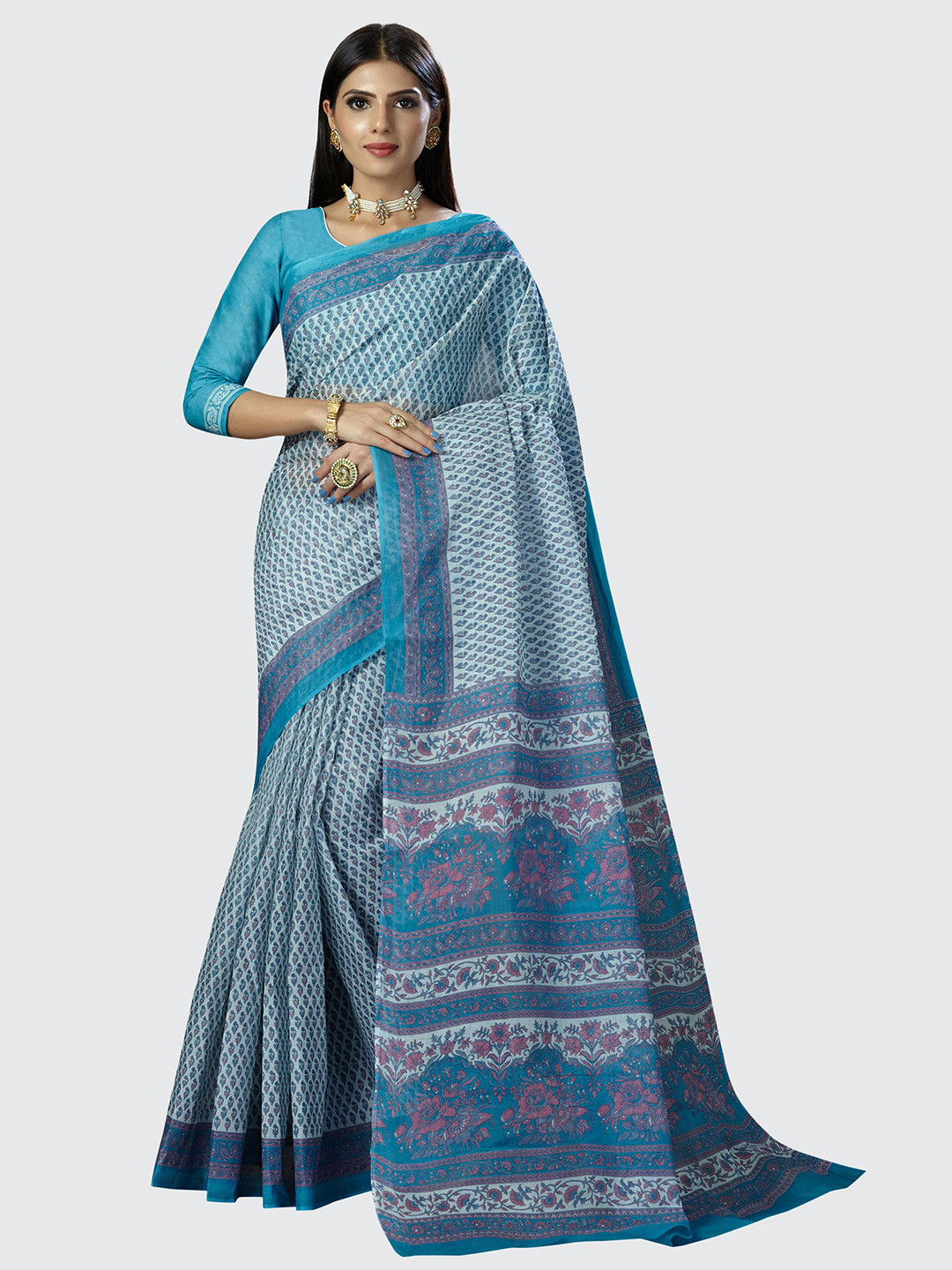 

SHANVIKA Women Pure Cotton Floral Saree With Blouse Piece, Blue