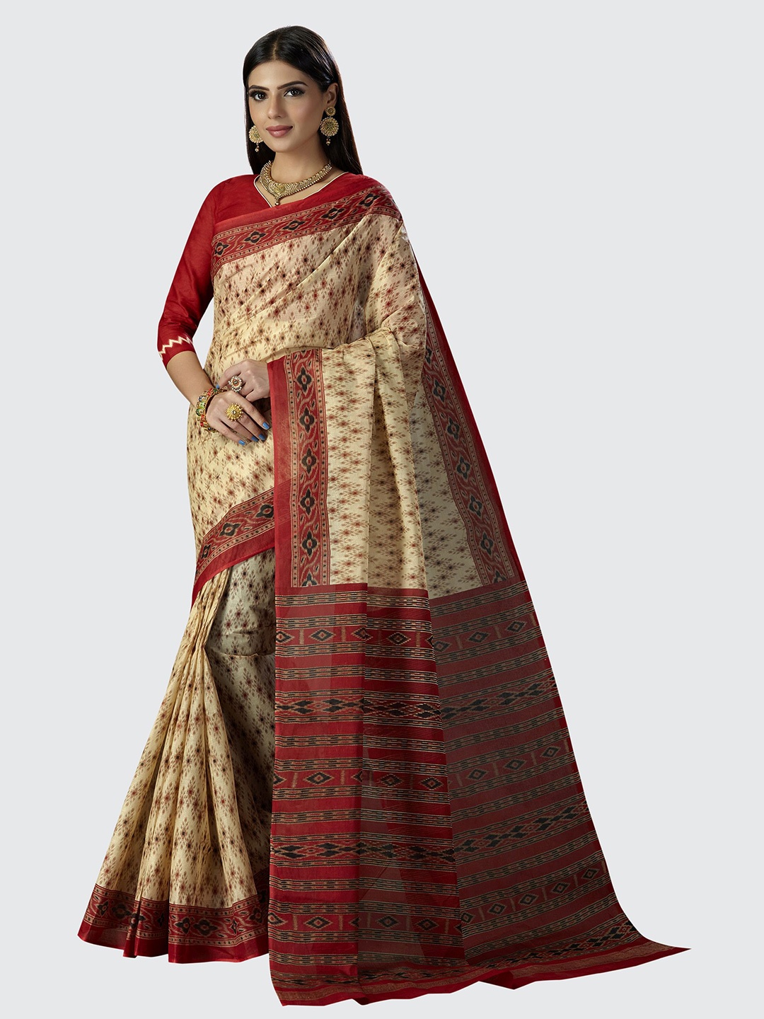 

SHANVIKA Women Pure Cotton Traditional Prints Saree With Blouse Piece, Beige