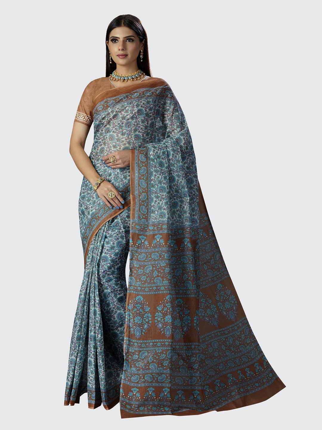 

SHANVIKA Women Pure Cotton Floral Saree With Blouse Piece, Blue