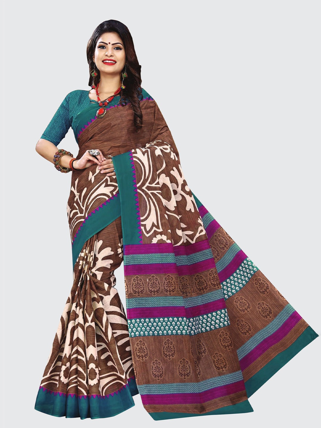 

SHANVIKA Brown & White Pure Cotton Block Print Saree