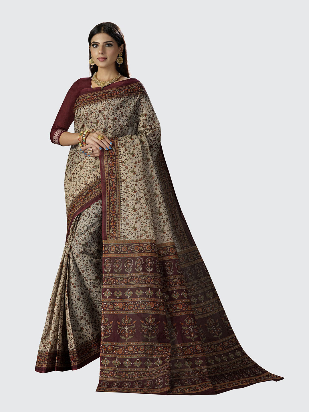 

SHANVIKA Grey & Maroon Floral Pure Cotton Saree