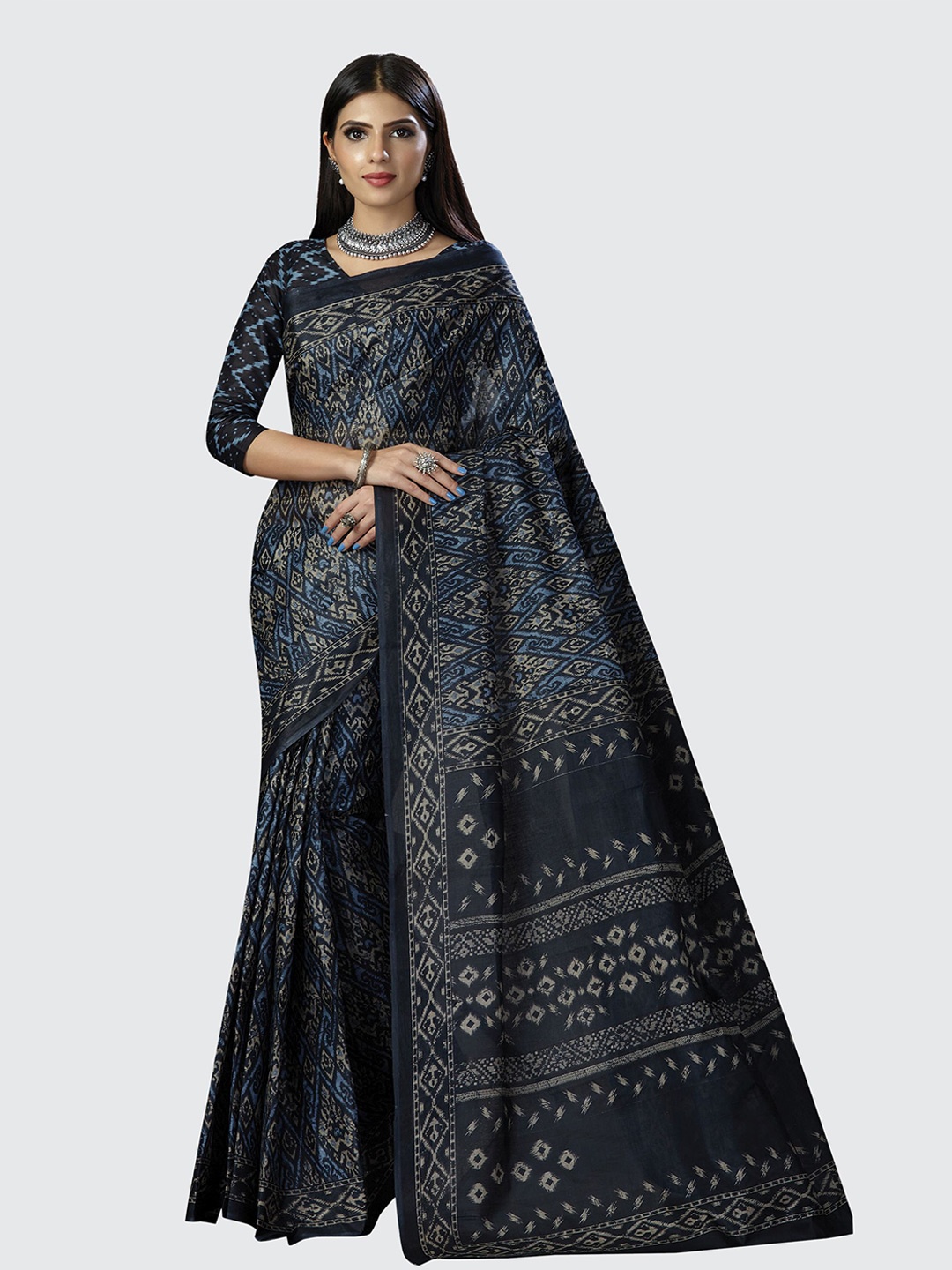 

SHANVIKA Black & Blue Printed Pure Cotton Saree