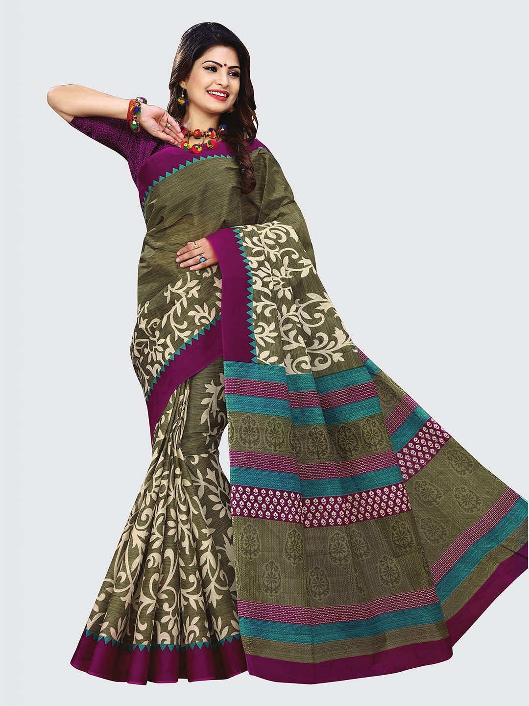 

SHANVIKA Olive Green & White Pure Cotton Block Print Saree