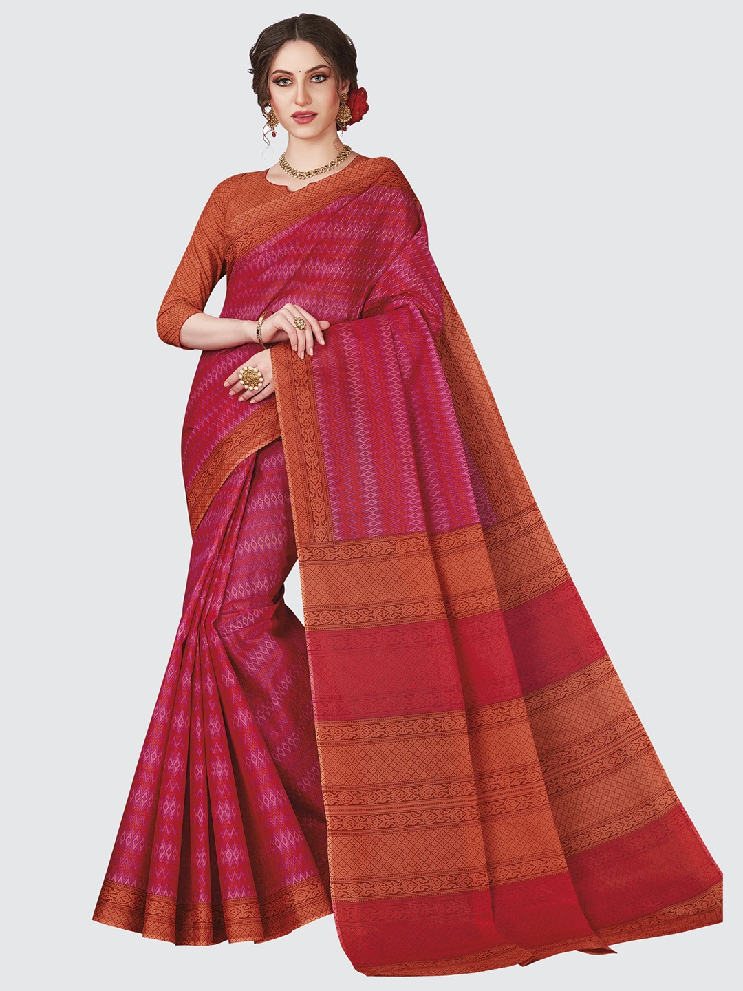

SHANVIKA Pink & Orange Pure Cotton Block Print Saree