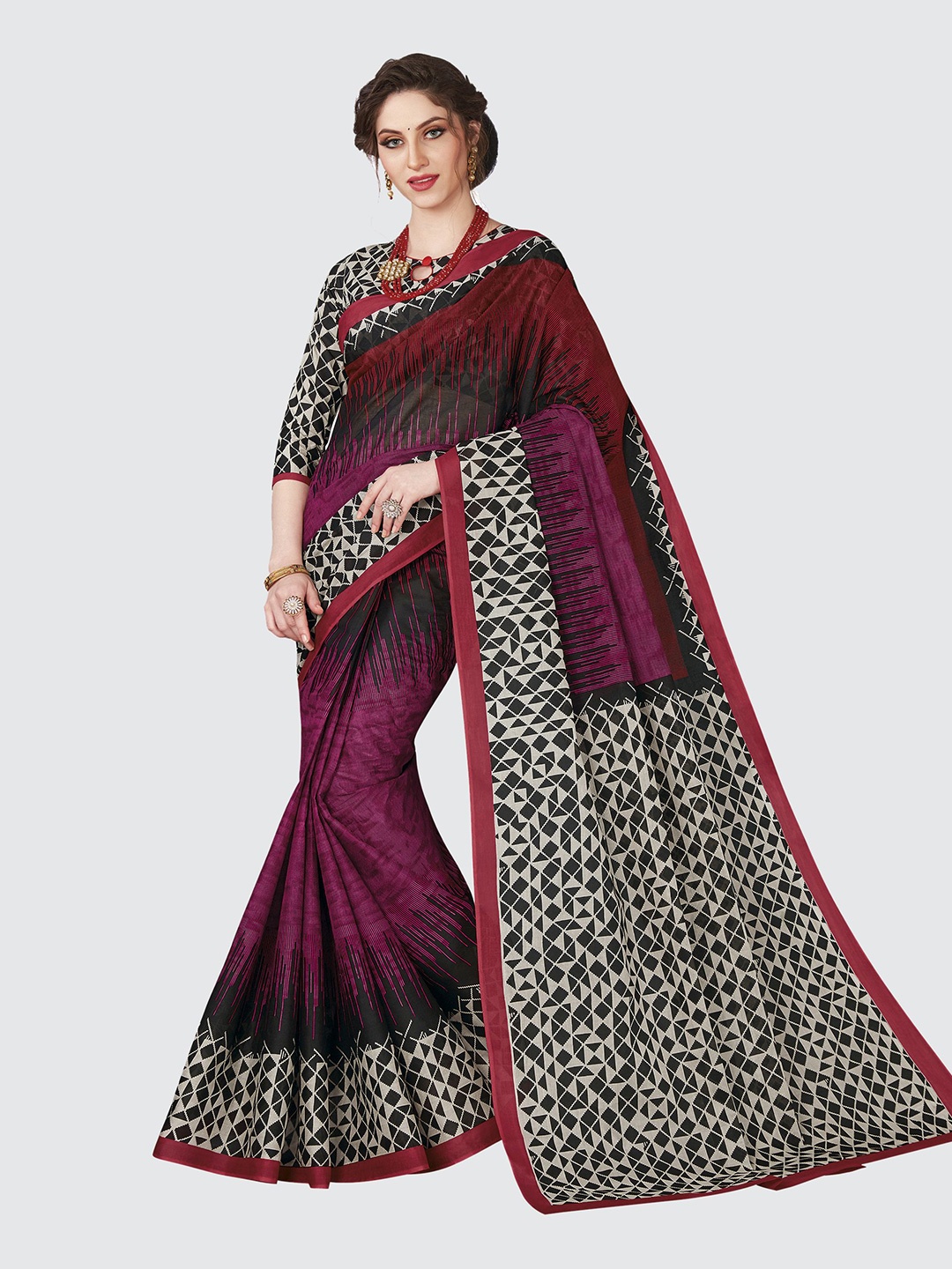 

SHANVIKA Maroon & Black Pure Cotton Block Print Saree