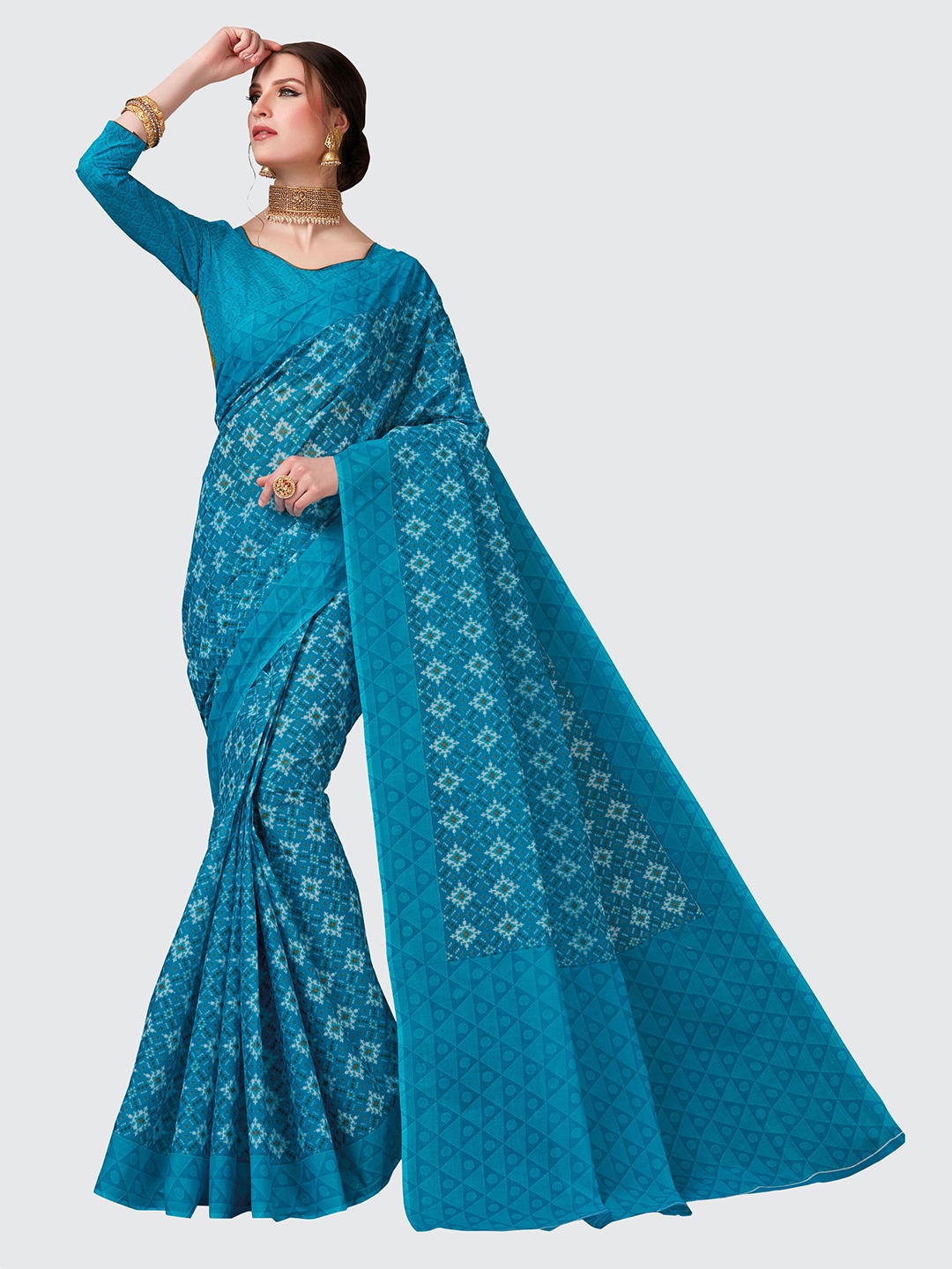 

SHANVIKA Blue & White Pure Cotton Block Print Saree