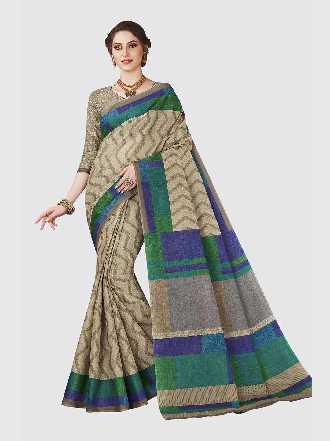 

SHANVIKA Beige & Blue Pure Cotton Block Print Saree
