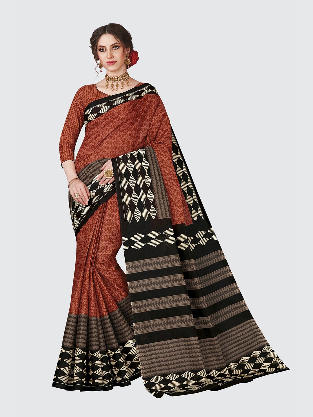 

SHANVIKA Rust & Black Pure Cotton Saree