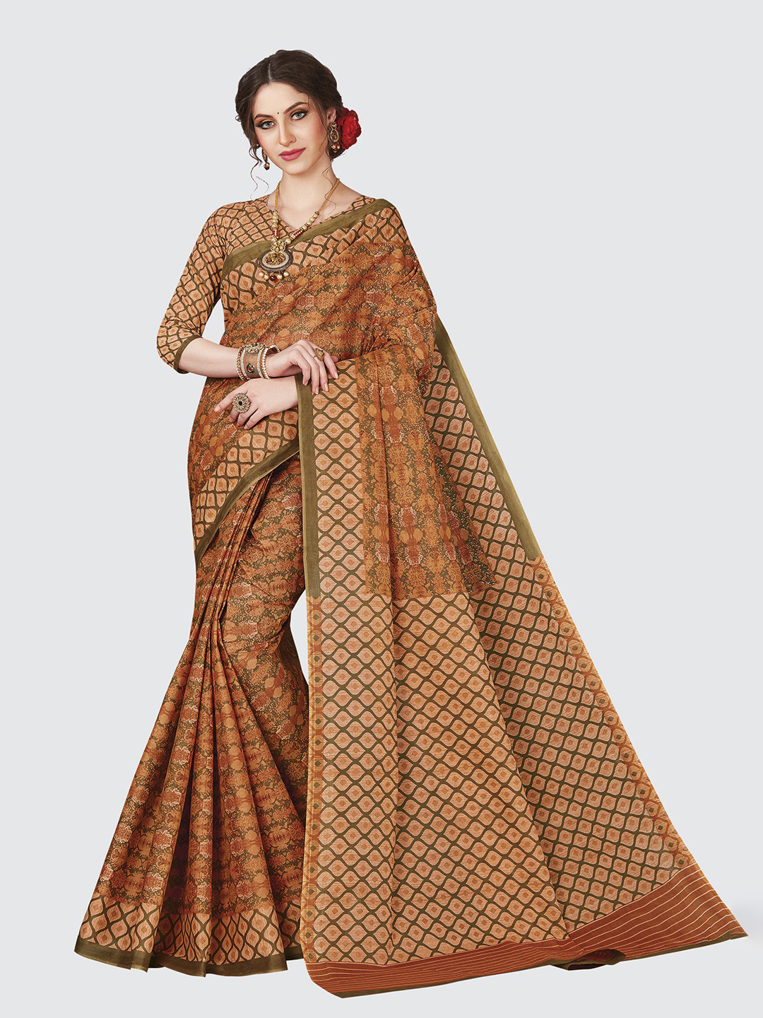 

SHANVIKA Orange & Olive Green Pure Cotton Saree