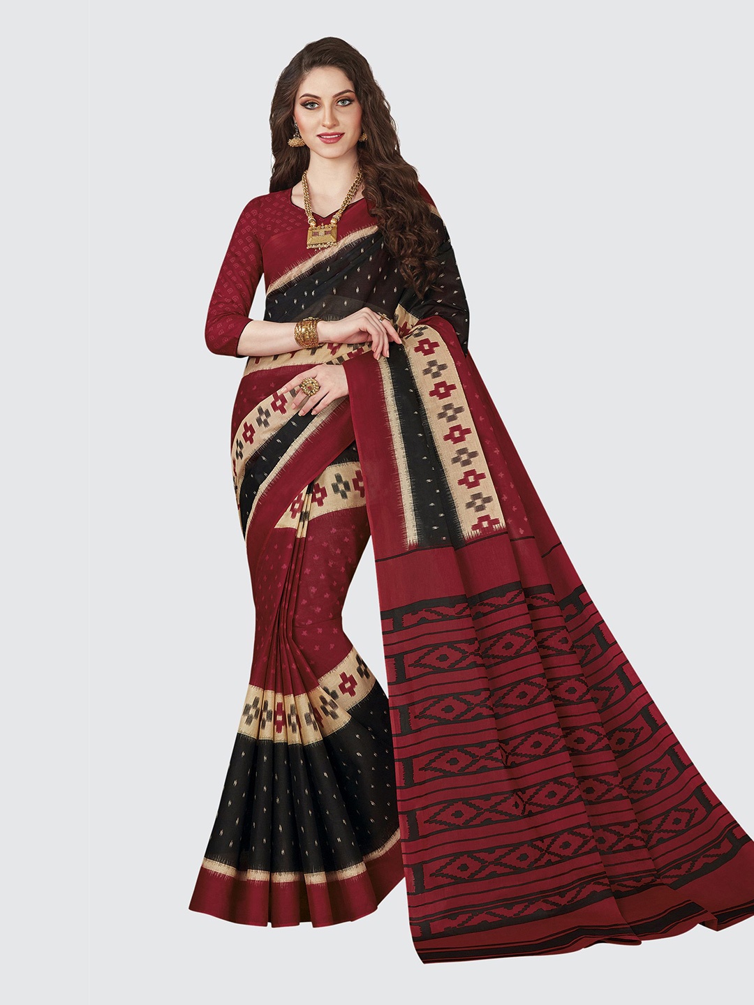 

SHANVIKA Black & Maroon Pure Cotton Saree