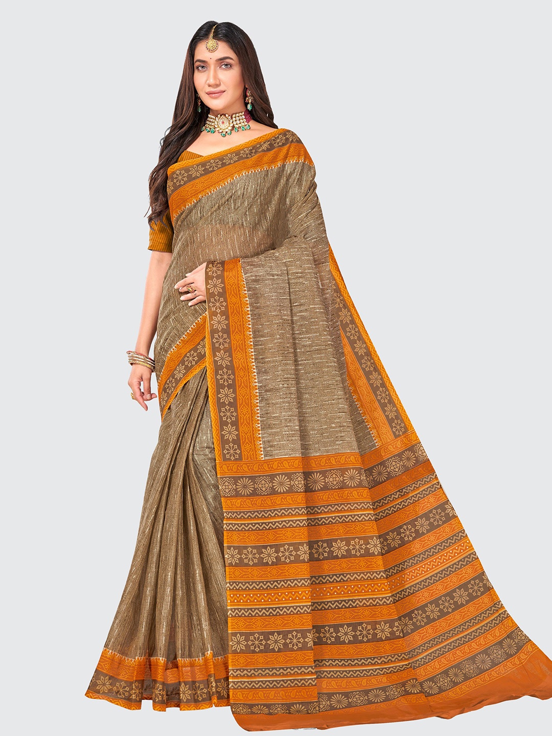 

SHANVIKA Beige & Mustard Pure Cotton Saree