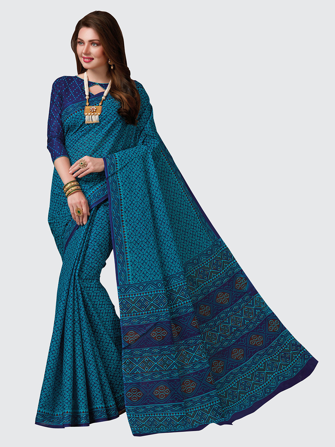 

SHANVIKA Blue & Turquoise Blue Pure Cotton Block Print Saree