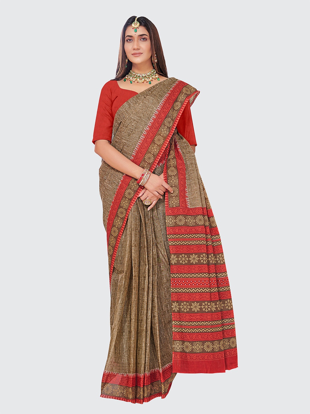 

SHANVIKA Women Pure Cotton Abstract Saree With Blouse Piece, Beige