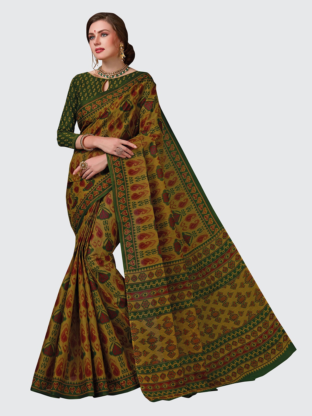 

SHANVIKA Green & Red Ethnic Motifs Pure Cotton Block Print Saree