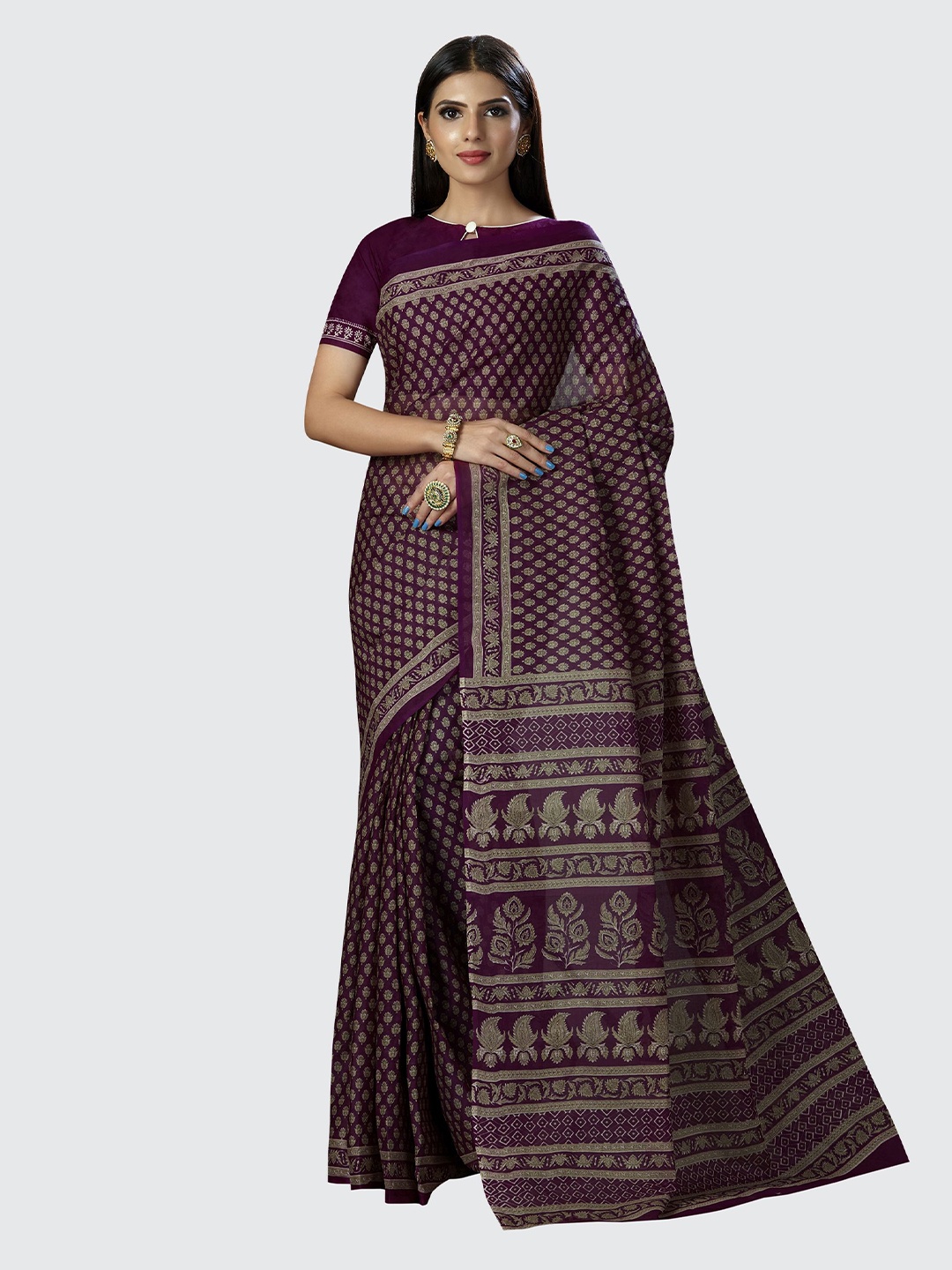 

SHANVIKA Violet And Beige Ethnic Motifs Block Print Pure Cotton Saree