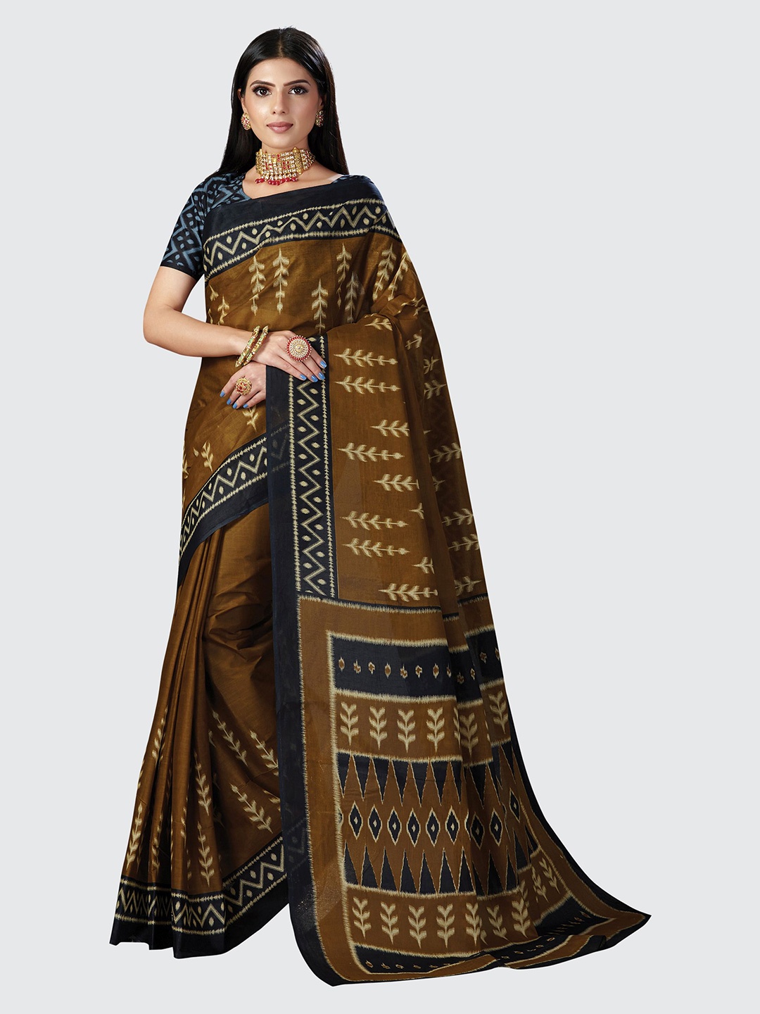 

SHANVIKA Brown And Black Ethnic Motifs Block Print Pure Cotton Saree