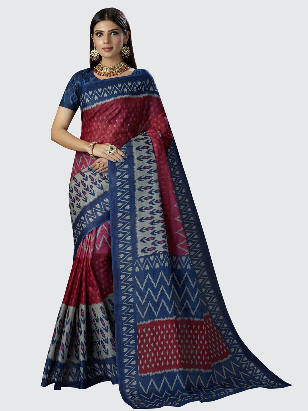 

SHANVIKA Red And Blue Ethnic Motifs Pure Cotton Block Print Saree