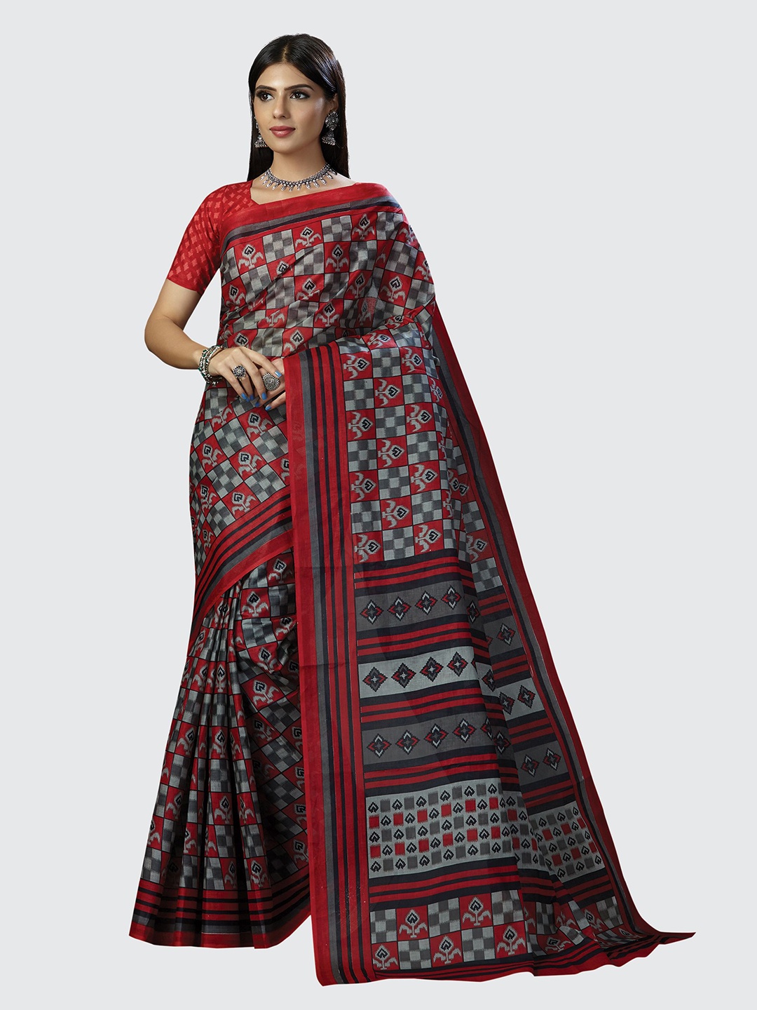 

SHANVIKA Red And Grey Geometric Print Pure Cotton Block Print Saree