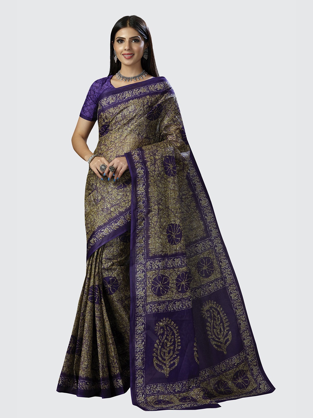 

SHANVIKA Beige & Blue Floral Pure Cotton Saree
