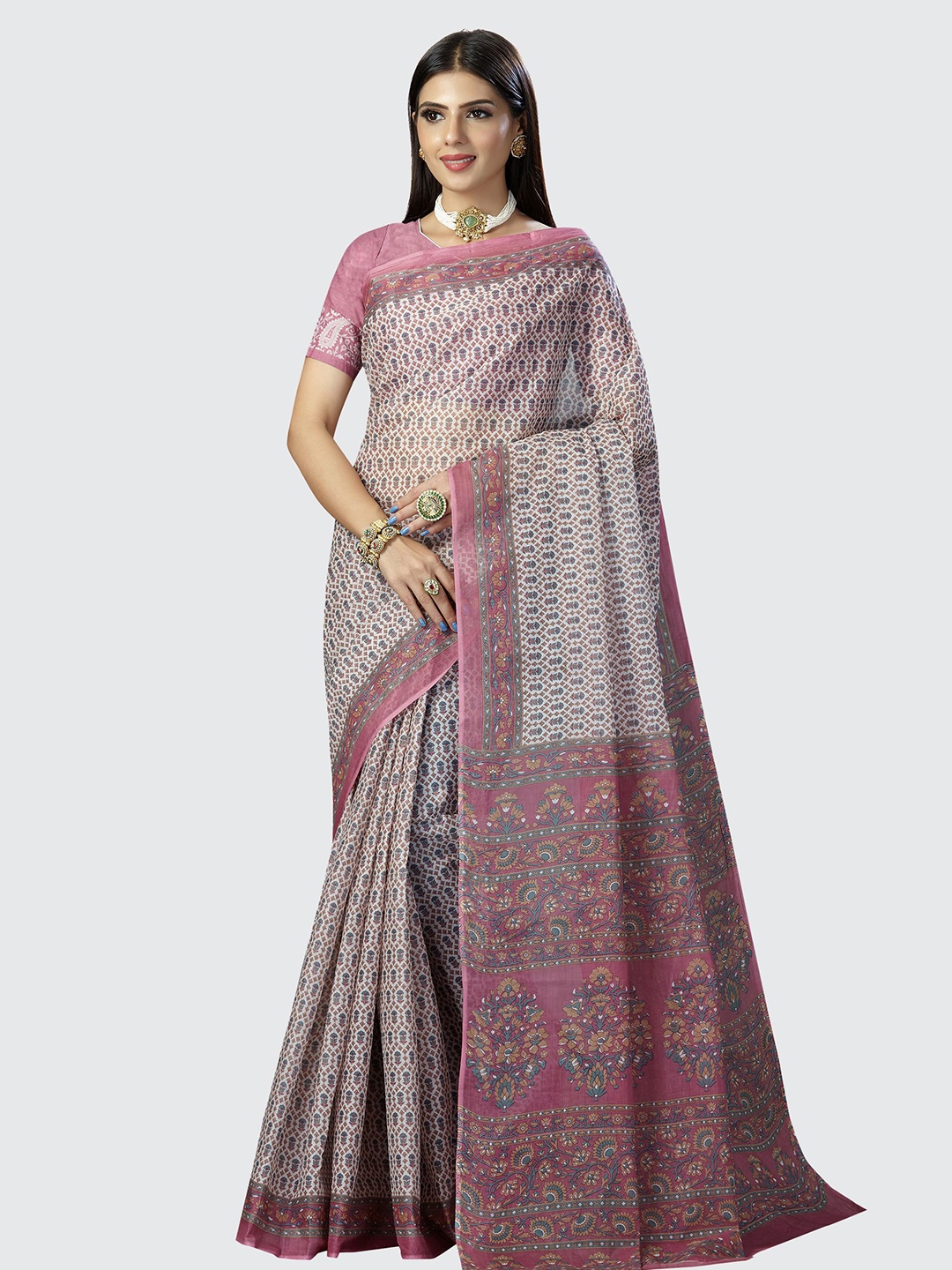 

SHANVIKA Off White & Pink Ethnic Motifs Pure Cotton Saree