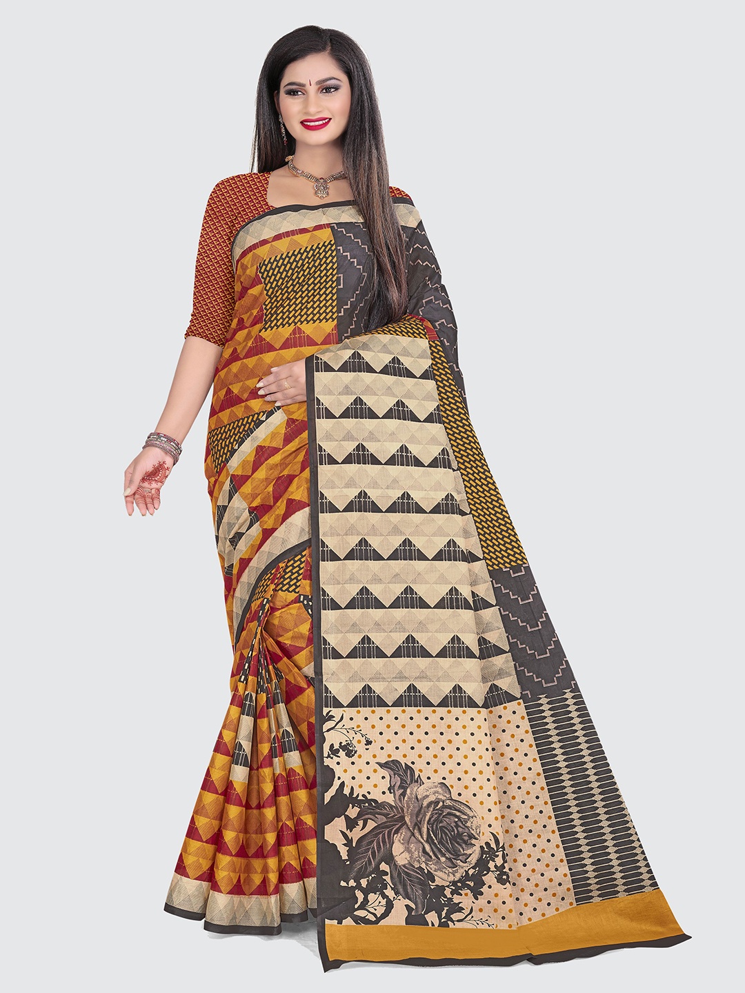 

SHANVIKA Yellow & Black Printed Pure Cotton Saree